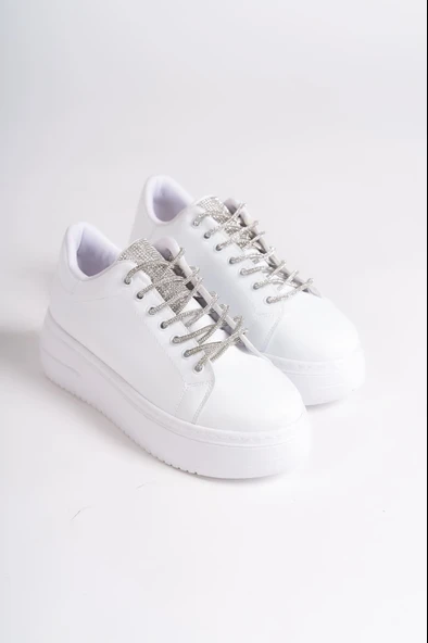DELLA Bağcıklı Ortopedik Taban Taşlı Kadın Sneaker Spor Ayakkabı CBT - Beyaz - 4