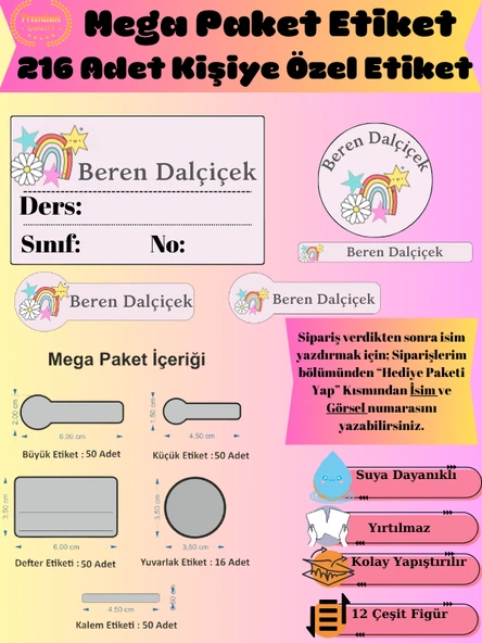 DeepCraft Mega Paket 216 Adet Okul Etiketi Premium Kızlara Özel Kişiye Özel Etiket - 1