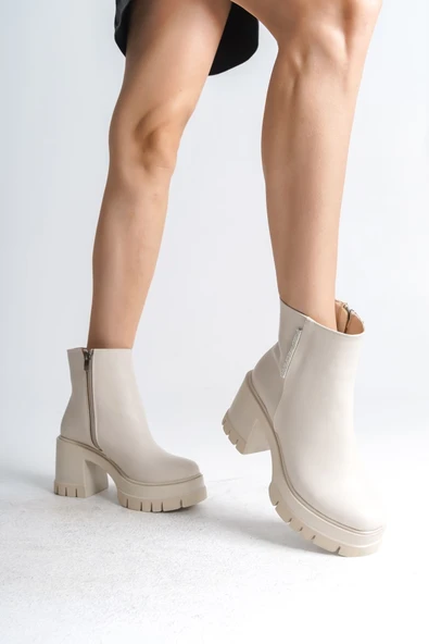 LISSE Fermuarlı Ortopedik Taban Kalın Topuklu Kadın Bot CKT - Krem - 3