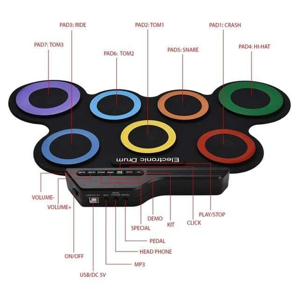 Magicvoice G3002R 7 Ped Gökkuşağı Renkli Elektronik Roll Up Davul Kiti - 4