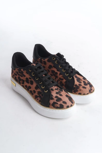 MINA Bağcıklı Ortopedik Taban Leopar Desenli Kadın Sneaker Spor Ayakkabı  TBT - Kahverengi - Resim 4