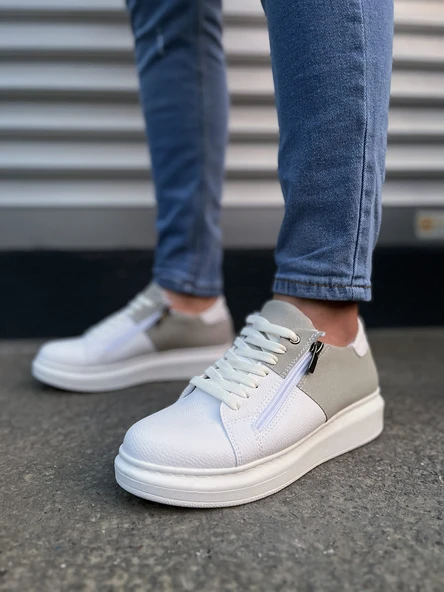 JY155 Warrior Bağcıklı ve Fermuarlı Cilt Süet Erkek Günlük Sneaker Ayakkabı CSBT - Beyaz/Gri - 2
