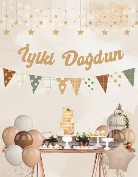 Sütlü Kahve İyi ki Doğdun Kaligrafi Banner ve Desenli Flama Set - 2