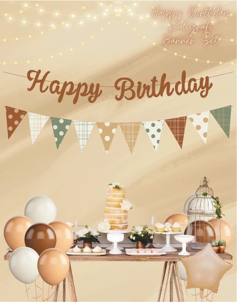 Karamel Happy Birthday Kaligrafi Banner ve Desenli Flama Set - Resim 2