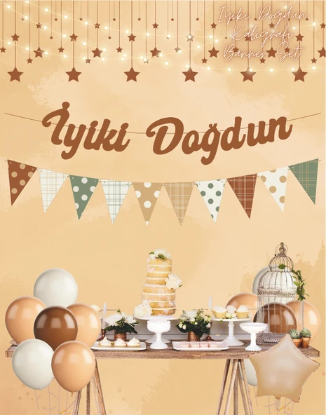 Karamel İyi ki Doğdun Kaligrafi Banner ve Desenli Flama Set - Resim 2