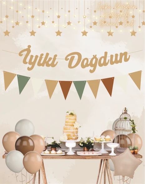 Sütlü Kahve İyi ki Doğdun Kaligrafi Banner ve Düz Renk Flama Set - 2