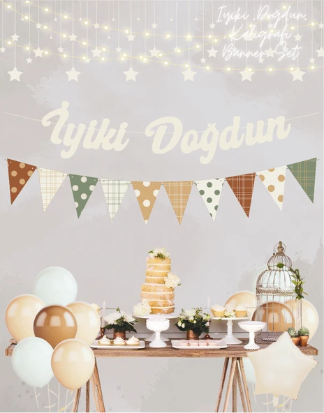 Vanilya İyi ki Doğdun Kaligrafi Banner ve Desenli Flama Set - Resim 2