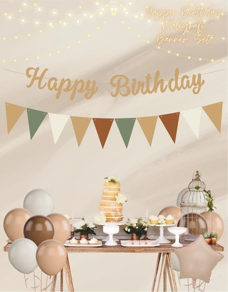 Sütlü Kahve Happy Birthday Kaligrafi Banner ve Düz Renk Flama Set - 2