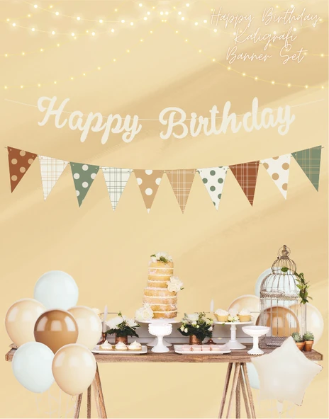 Vanilya Happy Birthday Kaligrafi Banner ve Desenli Flama Set - Resim 2
