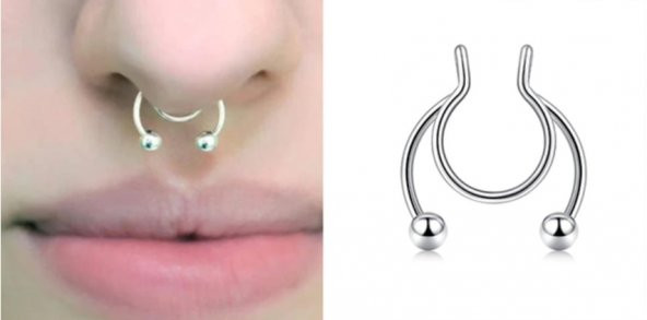Gri Fake Sahte Septum Sıkıştırmalı Geçmeli Piercing - 2