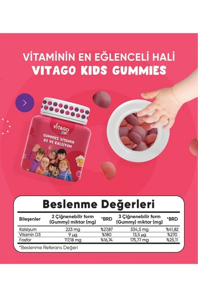 VİTAGO-Kids Gummies D3 Vitamini, Kalsiyum Içeren 30 Adet Çiğnenebilir Gummy Jel - Resim 3