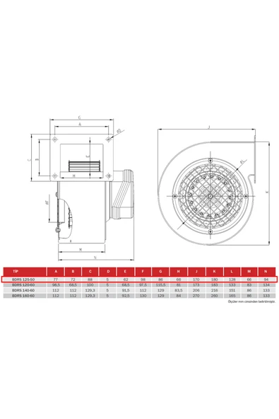 Bahçıvan Bvn Bdrs 125-50 Sac Gövdeli Salyangoz Fanlar Öne Eğimli (250m³/h) - Resim 3