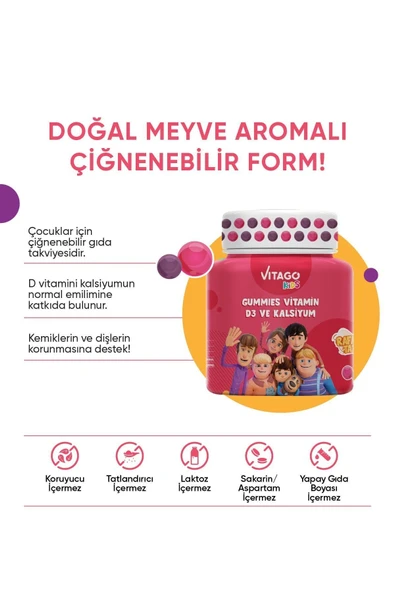 VİTAGO-Kids Gummies D3 Vitamini, Kalsiyum Içeren 30 Adet Çiğnenebilir Gummy Jel - Resim 2