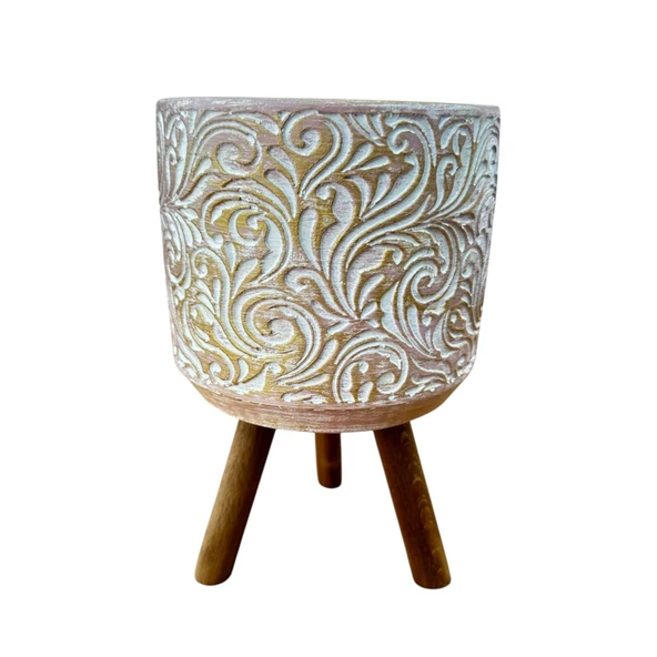 Bitki Tasarımı Ev dekorasyon Gold Çiçek Desenli Beton Saksı Ayaklı Çiçeklik Saksılık - Resim 3