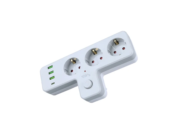 Anahtarlı Topraklı Priz Adaptörü, 3 SOKETLİ 3xUSB 2.4A, 1xTYPE-C 20 watt, AKIM KORUMALI PRİZ, 10 A, 2500 W, Duvar Fişi, USB Fişi, USB C Bağlantı Noktalı, Hızlı Şarj, - Resim 2