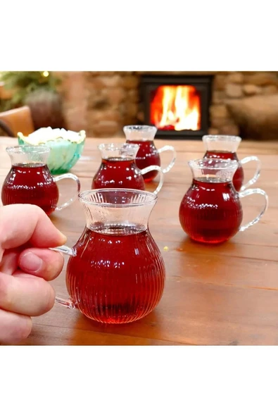 Tilbe Home 6'lı Çizgili Keyfi Ala Borosilikat Cam Bardak Takımı Isıya Dayanıklı Kulplu Çay Bardağı Seti - Resim 3