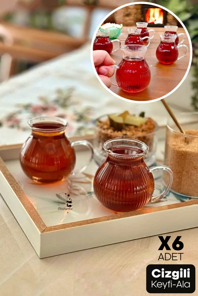 Tilbe Home 6'lı Çizgili Keyfi Ala Borosilikat Cam Bardak Takımı Isıya Dayanıklı Kulplu Çay Bardağı Seti ürün görseli 1
