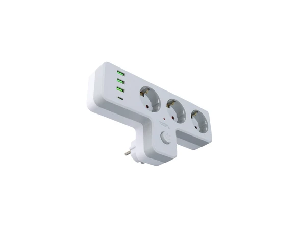 Anahtarlı Topraklı Priz Adaptörü, 3 SOKETLİ 3xUSB 2.4A, 1xTYPE-C 20 watt, AKIM KORUMALI PRİZ, 10 A, 2500 W, Duvar Fişi, USB Fişi, USB C Bağlantı Noktalı, Hızlı Şarj, ürün görseli
