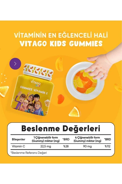 VİTAGO-Kids Gummies C Vitamini Içeren 60 Adet Çiğnenebilir Gummy Jel - Resim 3