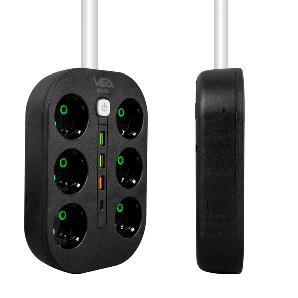 6'lı Priz, 1.5 Metre Kablo, 3 x USB, 1 x Type-C PD Girişli, Grup Priz, 10ah Akım Korumalı Priz, 2500W Güç, Anahtarlı, Topraklı, - 1
