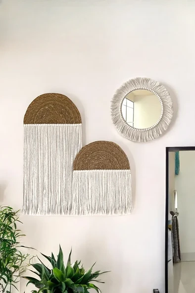 Bohem 3'lü Makrome Hasır Duvar Dekorasyonu Aynalı Duvar Süsü Seti