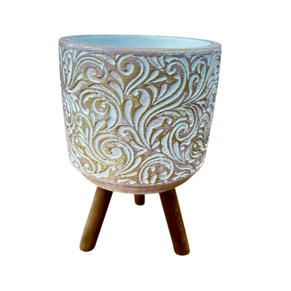 Bitki Tasarımı Ev dekorasyon Gold Çiçek Desenli Beton Saksı Ayaklı Çiçeklik Saksılık - Resim 4