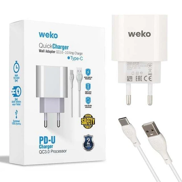 Weko WK-21442 PDU QC 3.0 Amper Telefon Şarj Başlık Adaptörü + Type-C Kablo - 1