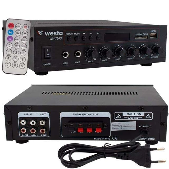 Westa WM-750U 80 Watt 100V-70V Mini 4-16 Ohm USB-SD-Bluetooth 2 Mikrofon Girişli Trafolu Anfi - Resim 3