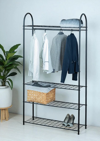 DEKORATİF SİYAH METAL ELBİSE ASKILIĞI 4 RAFLI ÇOK AMAÇLI AYAKLI PORTMANTO VE KONFEKSİYON ASKILIĞI - 6