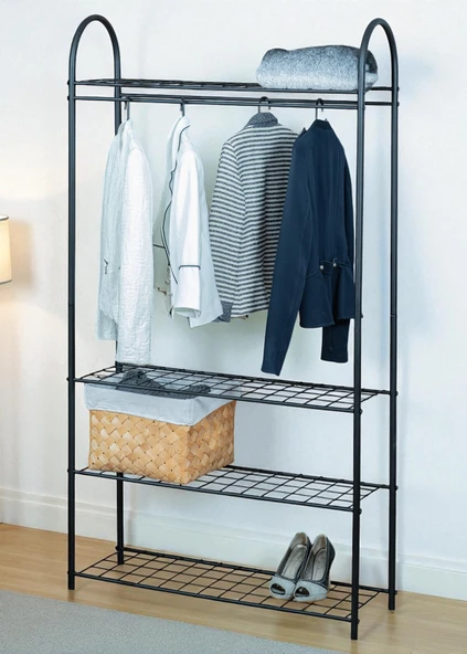 DEKORATİF SİYAH METAL ELBİSE ASKILIĞI 4 RAFLI ÇOK AMAÇLI AYAKLI PORTMANTO VE KONFEKSİYON ASKILIĞI - 2