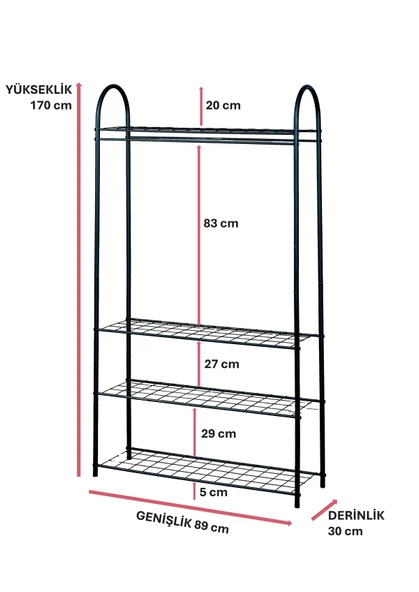 DEKORATİF SİYAH METAL ELBİSE ASKILIĞI 4 RAFLI ÇOK AMAÇLI AYAKLI PORTMANTO VE KONFEKSİYON ASKILIĞI - 5