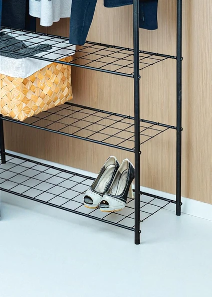 DEKORATİF SİYAH METAL ELBİSE ASKILIĞI 4 RAFLI ÇOK AMAÇLI AYAKLI PORTMANTO VE KONFEKSİYON ASKILIĞI - 3