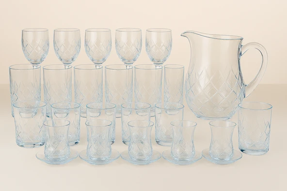 Koncam 31 Parça Kristal Kesme Cam İçecek Takımı 6 Kişilik Sürahi Bardak Çay Bardağı - 2