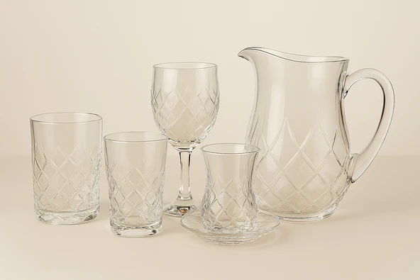 Koncam 31 Parça Kristal Kesme Cam İçecek Takımı 6 Kişilik Sürahi Bardak Çay Bardağı - 6