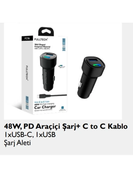 Fc16 Süper Hızlı 48w 1x Type-c Araç Şarj Cihazı, 12/24v Çakmaklık Girişli Akım Korumalı, - Resim 2
