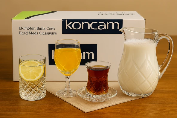 Koncam 31 Parça Kristal Kesme Cam İçecek Takımı 6 Kişilik Sürahi Bardak Çay Bardağı - 4