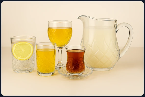 Koncam 31 Parça Kristal Kesme Cam İçecek Takımı 6 Kişilik Sürahi Bardak Çay Bardağı - 7