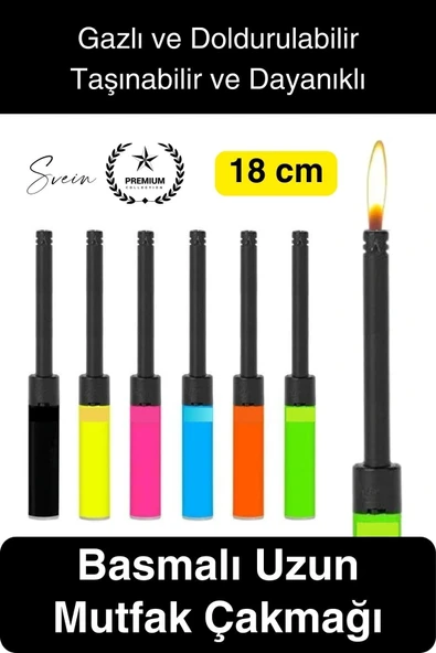 Premium 18 cm Basmalı Uzun Mutfak Çakmağı Gazlı Doldurulabilir Mum Mangal Kamp İçin Normal Alev - 1