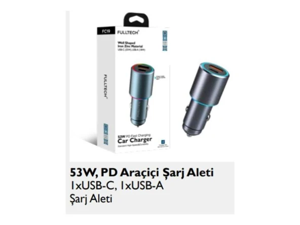 Fc19 Rgb 53w Pd Hızlı Şarj Araç Içi Çakmaklık Şarj Aleti 1x Type-c 35w Pd 1x Usb3.0 18w - 1