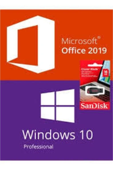 MICROSOFT Windows 10 Pro Lisans + Office 2019 Key + Windows Yüklü Sandisk 16 Gb Usb - Ömür Boyu Kullanım - 1