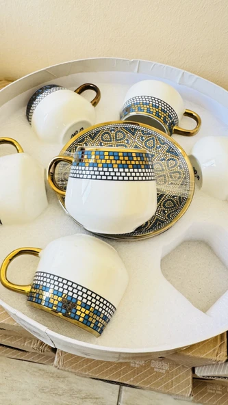 Altın Detaylı 6’lı Kahve Fincan Takımı  Özel Desenli Porselen - 2