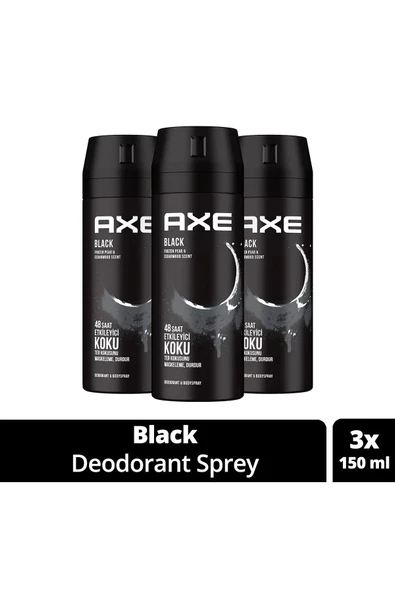 3 Adet Axe Erkek Deodorant & Bodyspray Black 48 Saat Etkileyici Koku Vücut Spreyi 150 ml