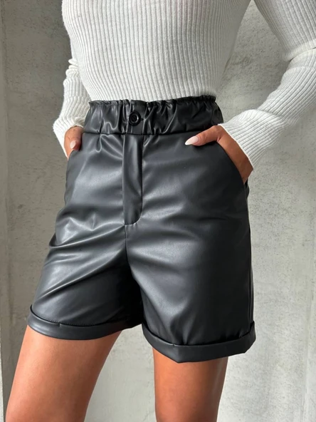 Beli lastikli duble paça deri şort siyah w24755 - Resim 5