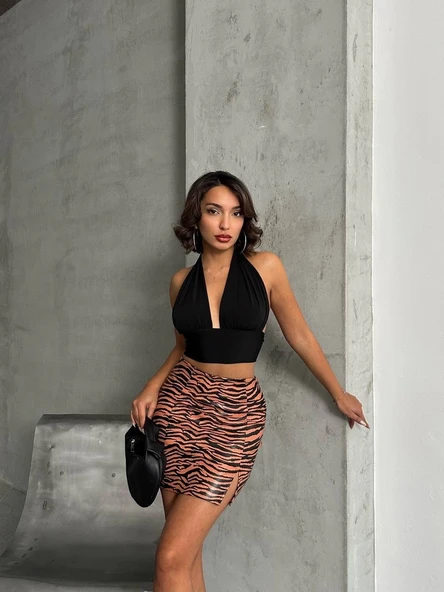 Tek yırtmaçlı zebra desenli deri etek kahvesiyah w24475-S - Resim 5