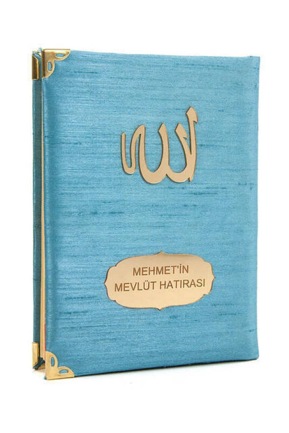 10 ADET - Şantuk Kumaş Kaplı Yasin Kitabı - Çanta Boy - İsme Özel Plakalı - Mavi Renk - İslami Hediyeler