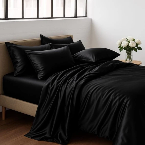 Antibakteriyel Terletmeyen İpek Saten Yastık Kılıfı 2'li 50x70 Siyah - Resim 2