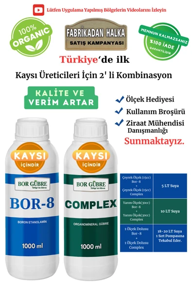 Bor Gübre Kaysı İçin (Complex-1Lt ve Bor-8 1Lt) Organik Sıvı Gübre-Meyve Sayısı Artar-Kalite ve Verim Artar. - 1