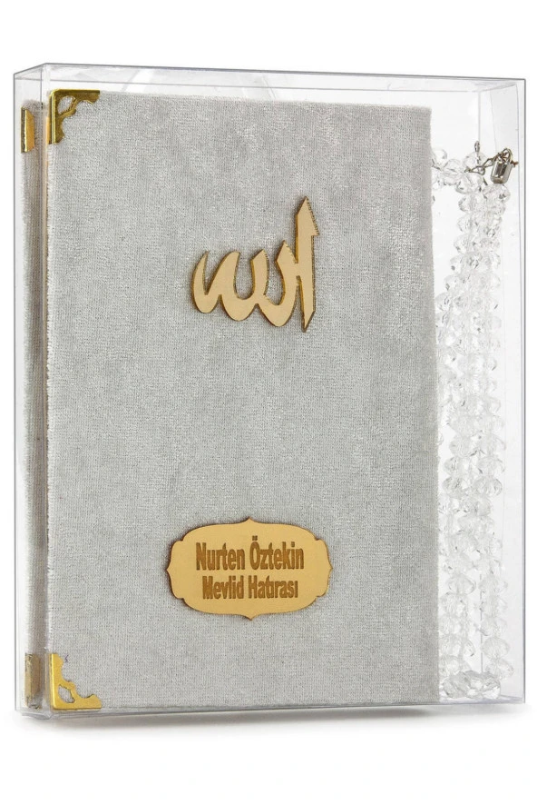 20 Adet Kadife Kaplı Yasin Kitabı - Çanta Boy - İsim Baskılı Plaka - Tesbihli - Şeffaf Kutulu - Krem - Hediyelik Yasin Seti