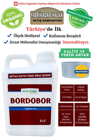 Bor Gübre Şeftali-Kaysı-Vişne-Kiraz, İçin Bordobulamacı Gübre Bordobor- 5Lt Kalite ve Verim Artar, Geliştirir - 1