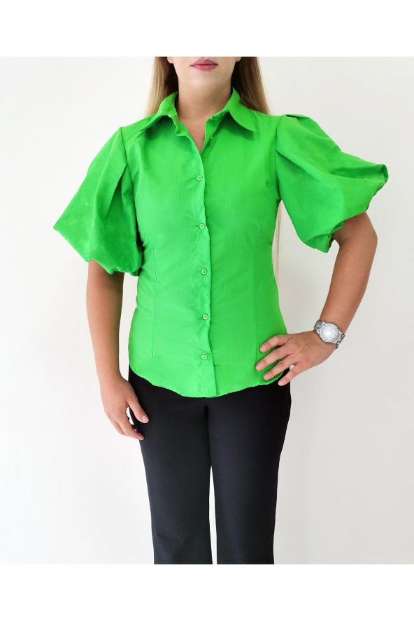 Kadın Kolları Lastikli Gömlek Yeşil